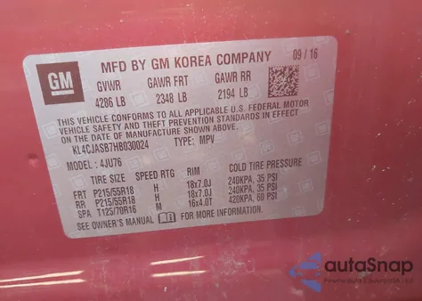 2017 Buick Encore Preferred from USA, damaged, VIN KL4CJASB7HB030024